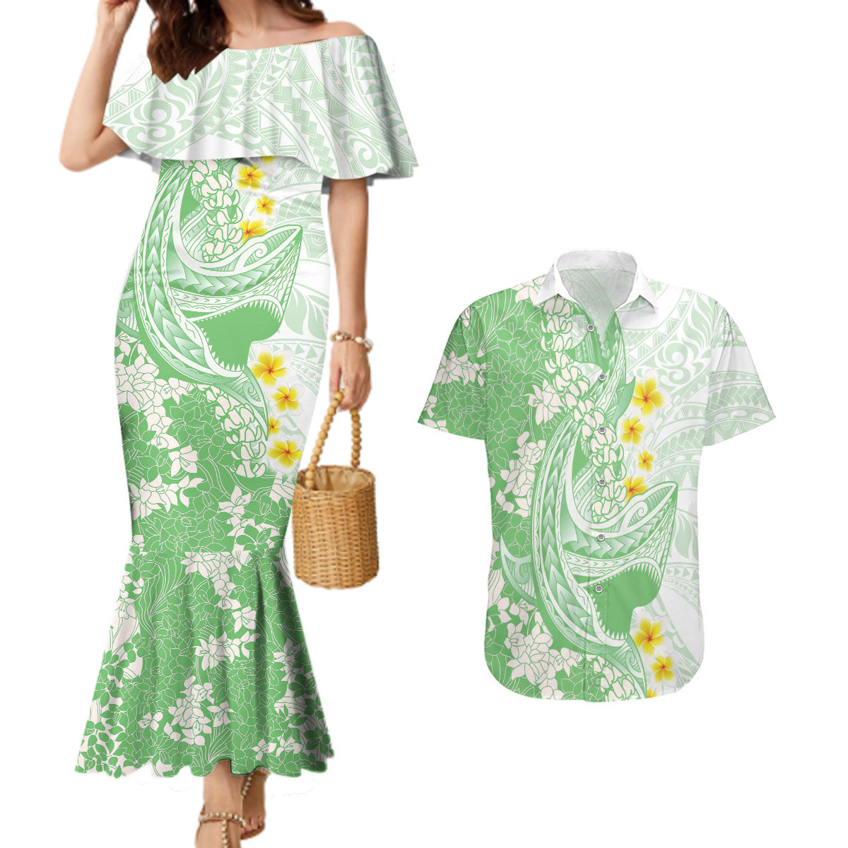 Green Hawaii Shark Tattoo Couples Matching Mermaid Dress and Hawaiian Shirt Puakenikeni Lei Plumeria Polynesian Pattern