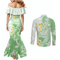 Green Hawaii Shark Tattoo Couples Matching Mermaid Dress and Long Sleeve Button Shirt Puakenikeni Lei Plumeria Polynesian Pattern
