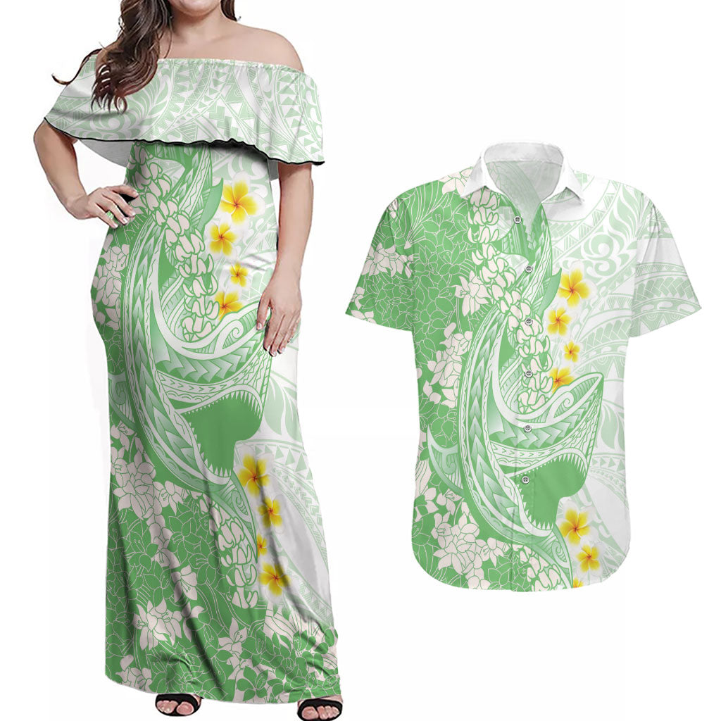 Green Hawaii Shark Tattoo Couples Matching Off Shoulder Maxi Dress and Hawaiian Shirt Puakenikeni Lei Plumeria Polynesian Pattern