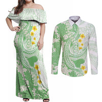 Green Hawaii Shark Tattoo Couples Matching Off Shoulder Maxi Dress and Long Sleeve Button Shirt Puakenikeni Lei Plumeria Polynesian Pattern