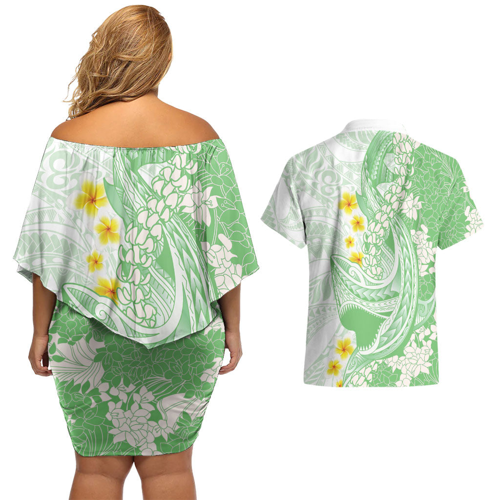 Green Hawaii Shark Tattoo Couples Matching Off Shoulder Short Dress and Hawaiian Shirt Puakenikeni Lei Plumeria Polynesian Pattern
