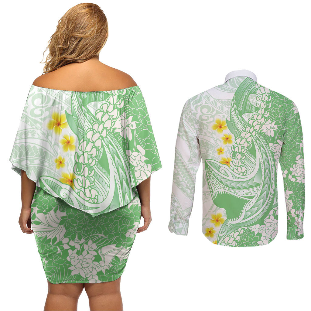 Green Hawaii Shark Tattoo Couples Matching Off Shoulder Short Dress and Long Sleeve Button Shirt Puakenikeni Lei Plumeria Polynesian Pattern