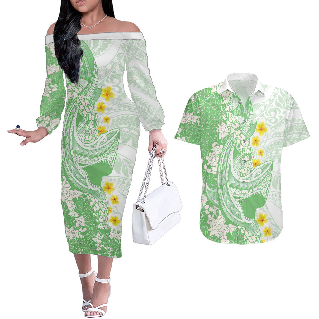 Green Hawaii Shark Tattoo Couples Matching Off The Shoulder Long Sleeve Dress and Hawaiian Shirt Puakenikeni Lei Plumeria Polynesian Pattern