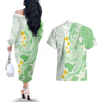 Green Hawaii Shark Tattoo Couples Matching Off The Shoulder Long Sleeve Dress and Hawaiian Shirt Puakenikeni Lei Plumeria Polynesian Pattern