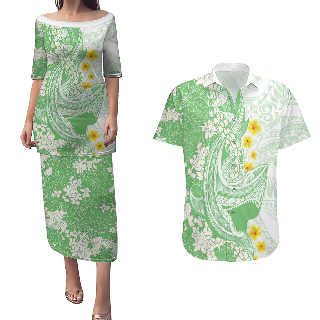 Green Hawaii Shark Tattoo Couples Matching Puletasi and Hawaiian Shirt Puakenikeni Lei Plumeria Polynesian Pattern
