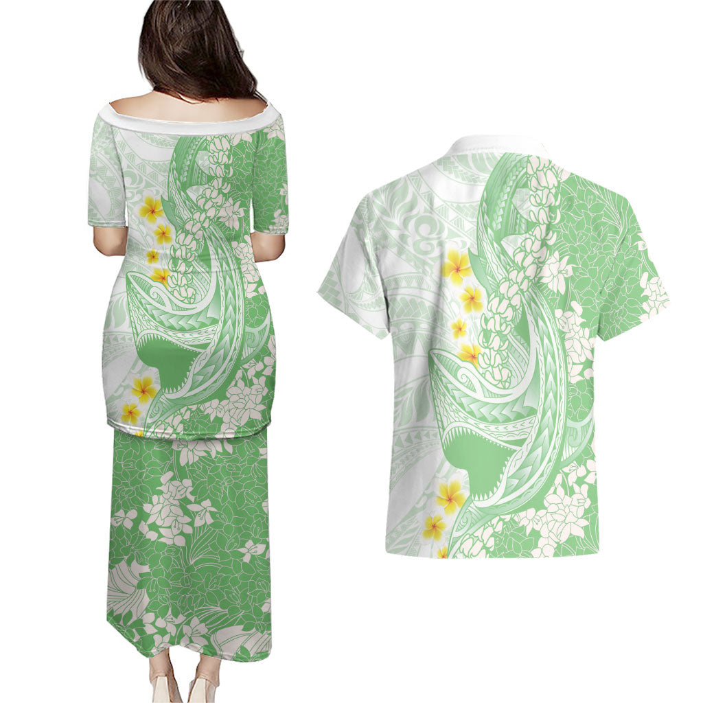Green Hawaii Shark Tattoo Couples Matching Puletasi and Hawaiian Shirt Puakenikeni Lei Plumeria Polynesian Pattern