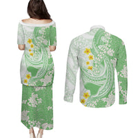 Green Hawaii Shark Tattoo Couples Matching Puletasi and Long Sleeve Button Shirt Puakenikeni Lei Plumeria Polynesian Pattern