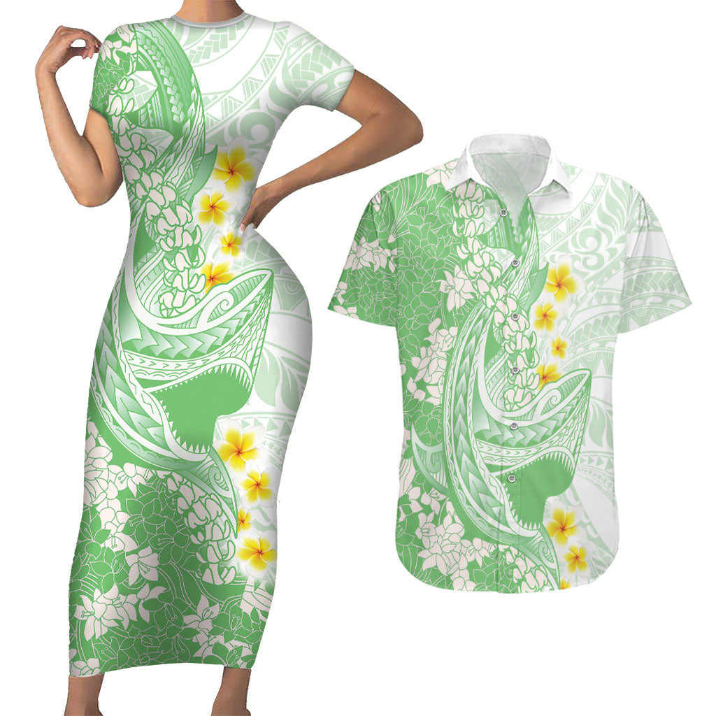 Green Hawaii Shark Tattoo Couples Matching Short Sleeve Bodycon Dress and Hawaiian Shirt Puakenikeni Lei Plumeria Polynesian Pattern