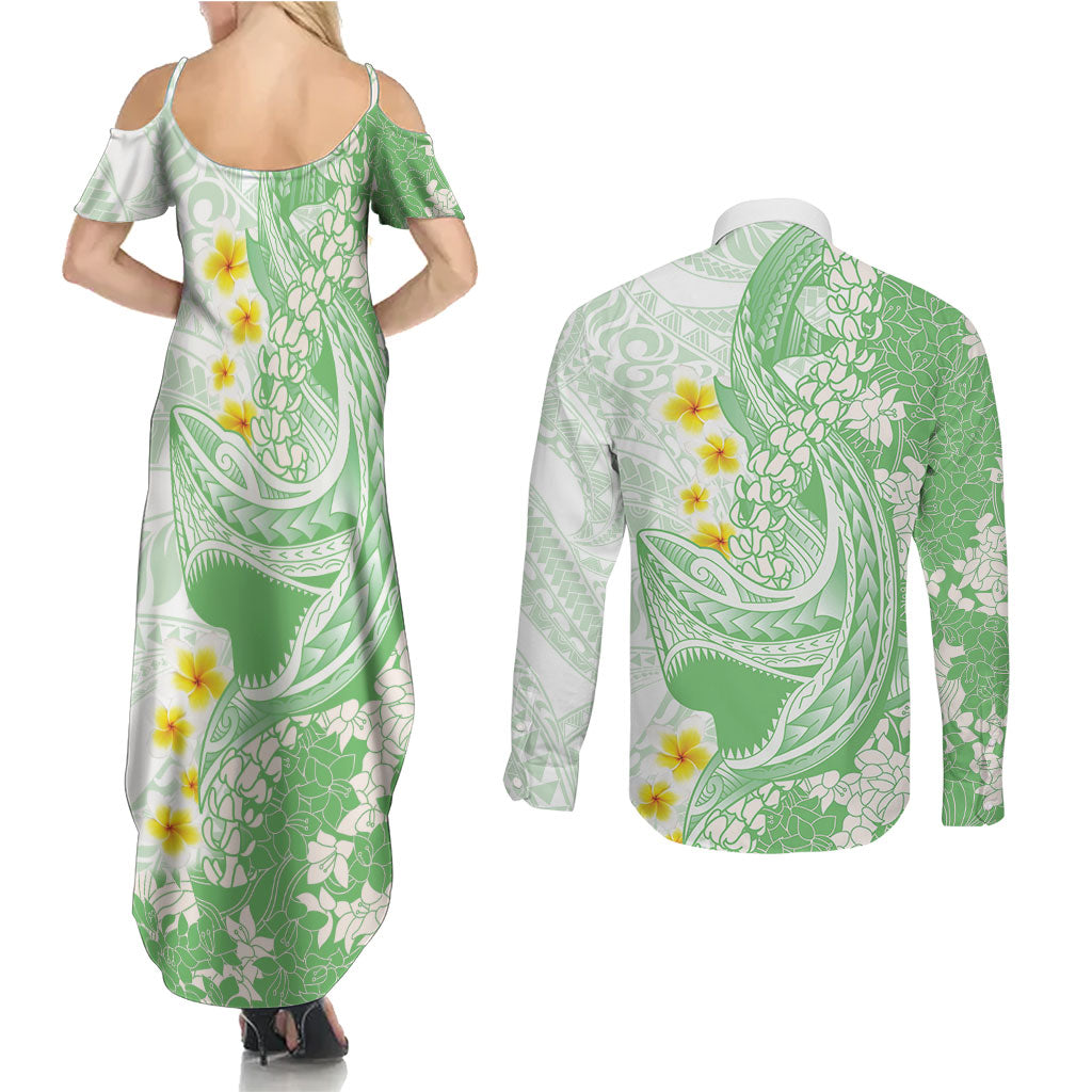 Green Hawaii Shark Tattoo Couples Matching Summer Maxi Dress and Long Sleeve Button Shirt Puakenikeni Lei Plumeria Polynesian Pattern