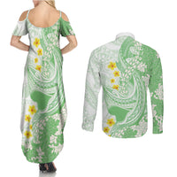 Green Hawaii Shark Tattoo Couples Matching Summer Maxi Dress and Long Sleeve Button Shirt Puakenikeni Lei Plumeria Polynesian Pattern