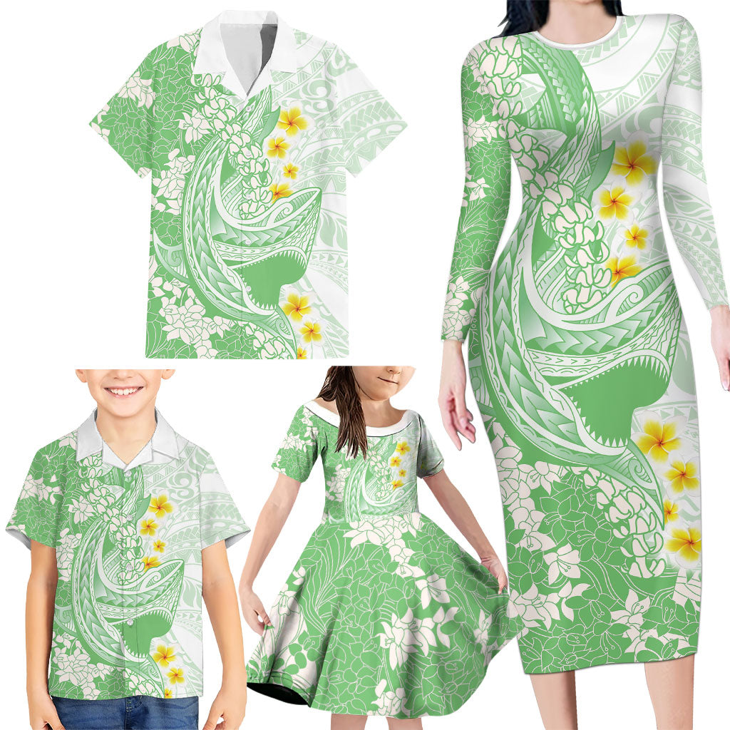 Green Hawaii Shark Tattoo Family Matching Long Sleeve Bodycon Dress and Hawaiian Shirt Puakenikeni Lei Plumeria Polynesian Pattern