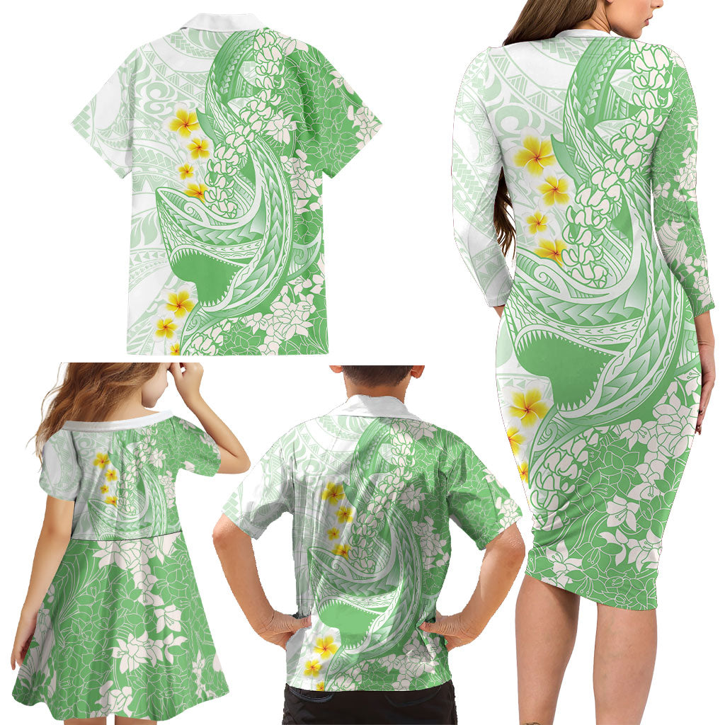 Green Hawaii Shark Tattoo Family Matching Long Sleeve Bodycon Dress and Hawaiian Shirt Puakenikeni Lei Plumeria Polynesian Pattern