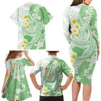Green Hawaii Shark Tattoo Family Matching Long Sleeve Bodycon Dress and Hawaiian Shirt Puakenikeni Lei Plumeria Polynesian Pattern