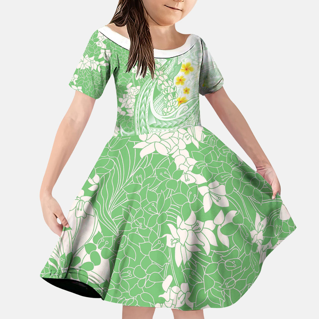 Green Hawaii Shark Tattoo Family Matching Mermaid Dress and Hawaiian Shirt Puakenikeni Lei Plumeria Polynesian Pattern LT14 Daughter's Dress Green - Polynesian Pride