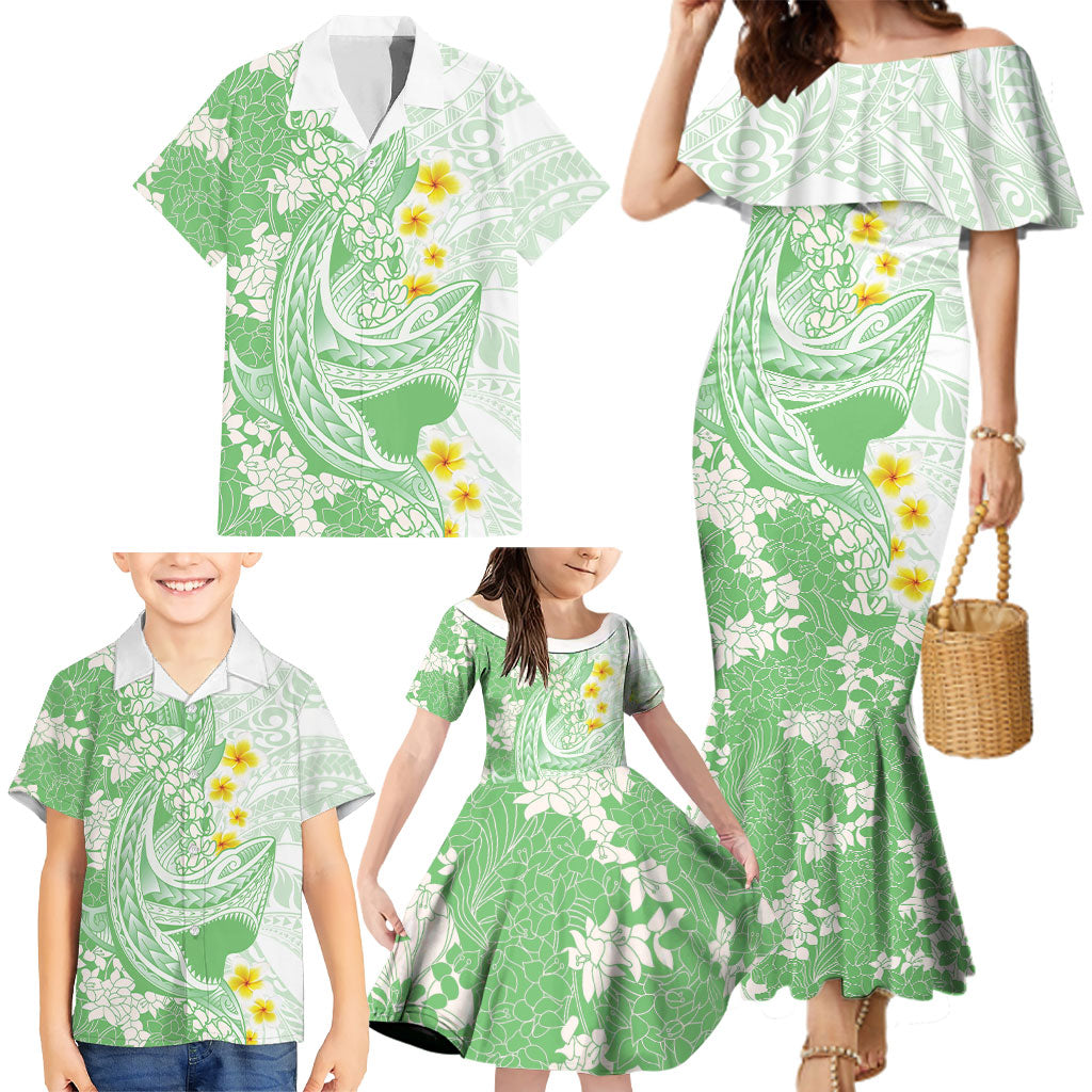 Green Hawaii Shark Tattoo Family Matching Mermaid Dress and Hawaiian Shirt Puakenikeni Lei Plumeria Polynesian Pattern LT14 - Polynesian Pride