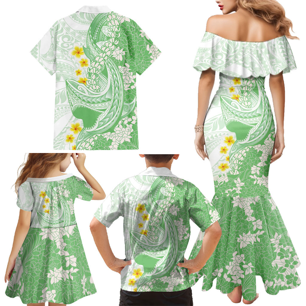 Green Hawaii Shark Tattoo Family Matching Mermaid Dress and Hawaiian Shirt Puakenikeni Lei Plumeria Polynesian Pattern LT14 - Polynesian Pride