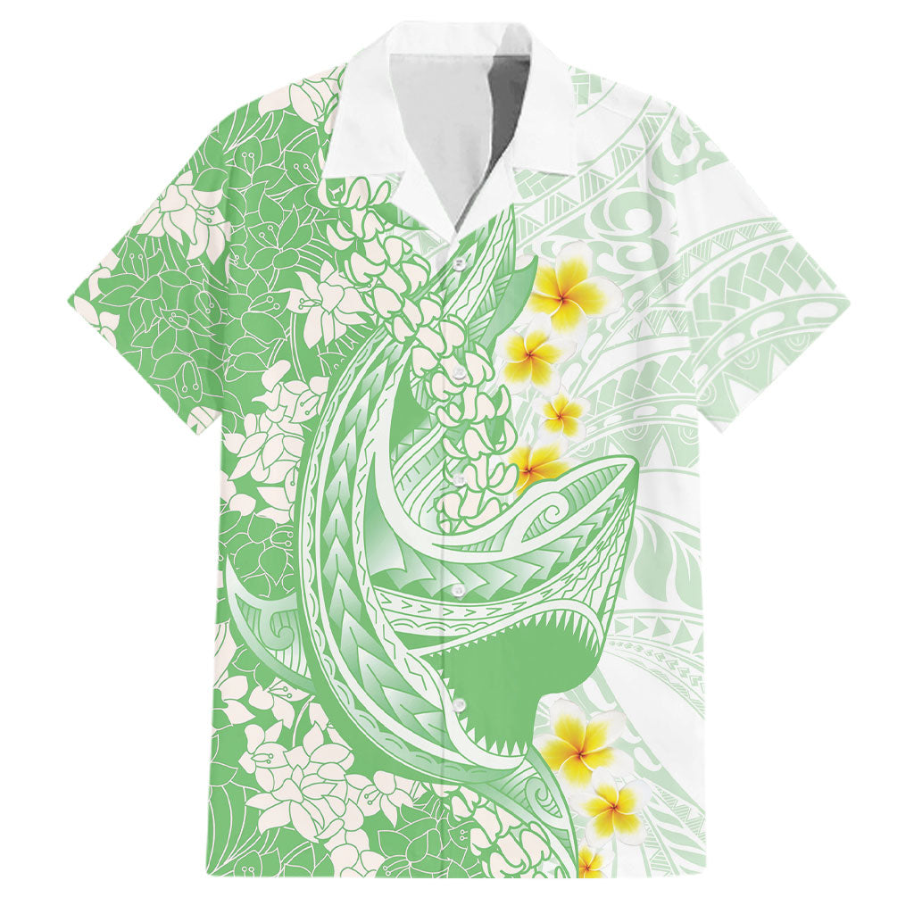 Green Hawaii Shark Tattoo Family Matching Mermaid Dress and Hawaiian Shirt Puakenikeni Lei Plumeria Polynesian Pattern LT14 Dad's Shirt - Short Sleeve Green - Polynesian Pride