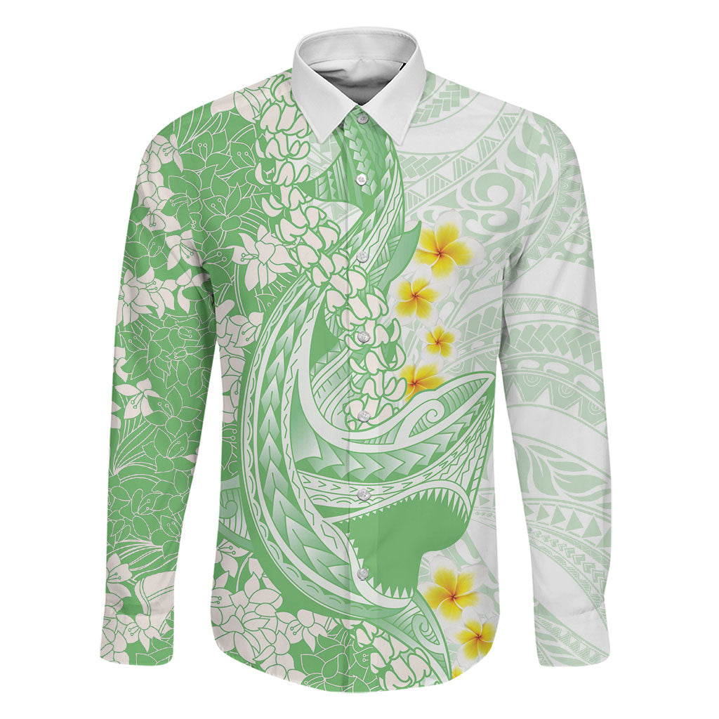 Green Hawaii Shark Tattoo Family Matching Mermaid Dress and Hawaiian Shirt Puakenikeni Lei Plumeria Polynesian Pattern LT14 Dad's Shirt - Long Sleeve Green - Polynesian Pride