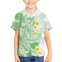 Green Hawaii Shark Tattoo Family Matching Mermaid Dress and Hawaiian Shirt Puakenikeni Lei Plumeria Polynesian Pattern LT14 Son's Shirt Green - Polynesian Pride