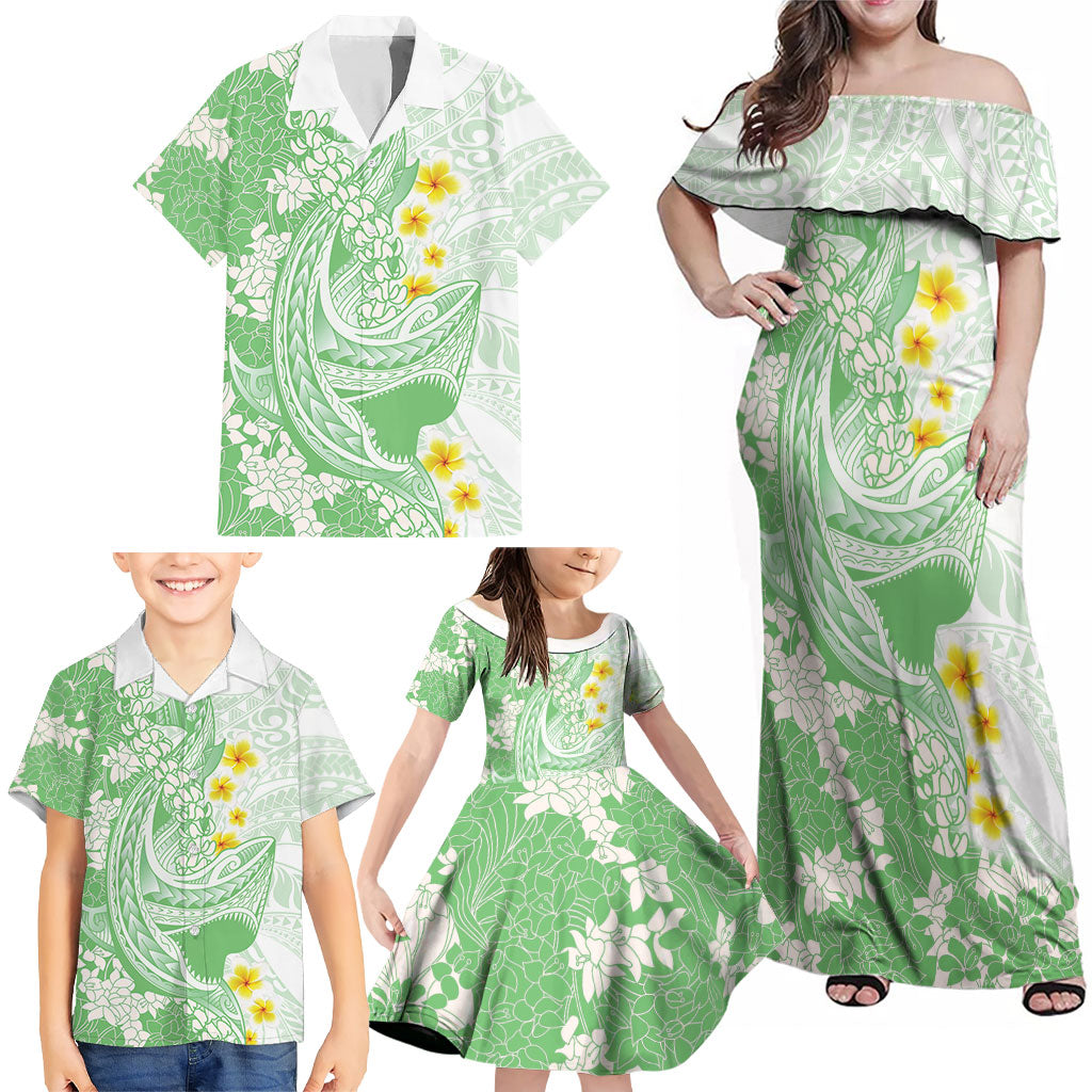 Green Hawaii Shark Tattoo Family Matching Off Shoulder Maxi Dress and Hawaiian Shirt Puakenikeni Lei Plumeria Polynesian Pattern