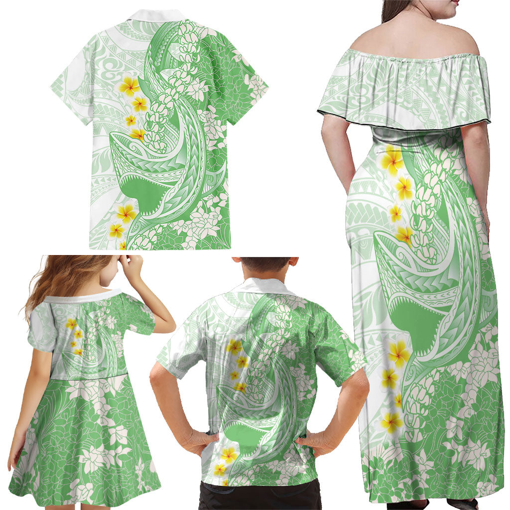 Green Hawaii Shark Tattoo Family Matching Off Shoulder Maxi Dress and Hawaiian Shirt Puakenikeni Lei Plumeria Polynesian Pattern