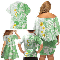 Green Hawaii Shark Tattoo Family Matching Off Shoulder Short Dress and Hawaiian Shirt Puakenikeni Lei Plumeria Polynesian Pattern