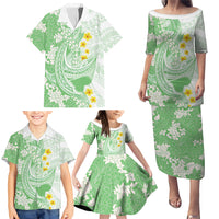 Green Hawaii Shark Tattoo Family Matching Puletasi and Hawaiian Shirt Puakenikeni Lei Plumeria Polynesian Pattern