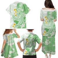 Green Hawaii Shark Tattoo Family Matching Puletasi and Hawaiian Shirt Puakenikeni Lei Plumeria Polynesian Pattern