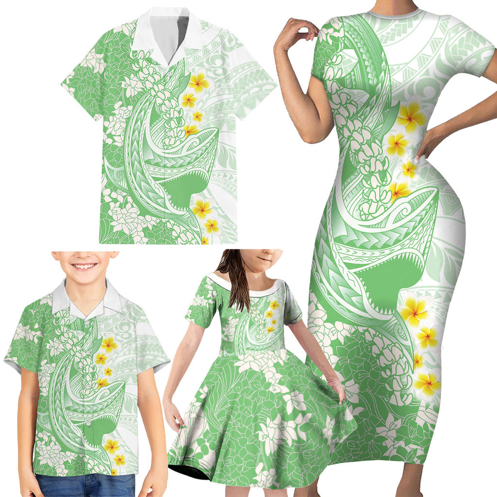 Green Hawaii Shark Tattoo Family Matching Short Sleeve Bodycon Dress and Hawaiian Shirt Puakenikeni Lei Plumeria Polynesian Pattern