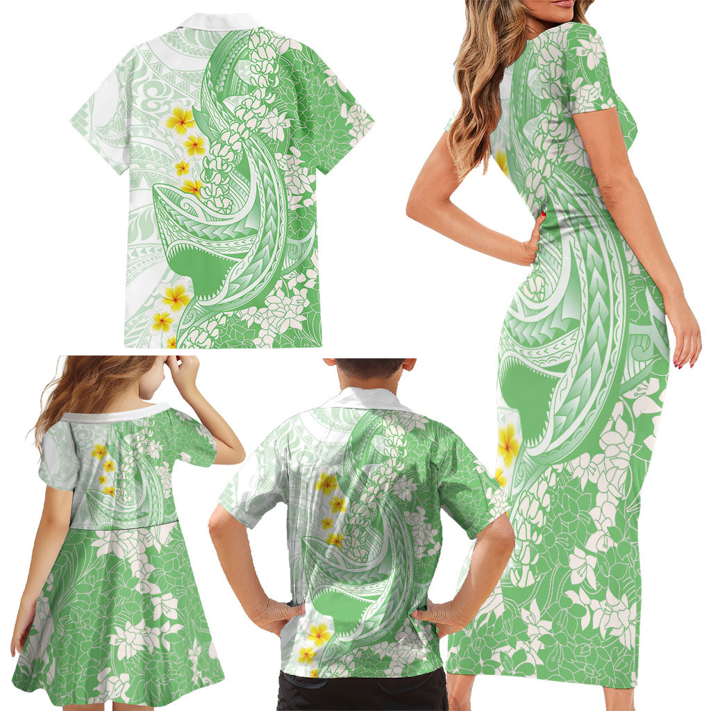Green Hawaii Shark Tattoo Family Matching Short Sleeve Bodycon Dress and Hawaiian Shirt Puakenikeni Lei Plumeria Polynesian Pattern