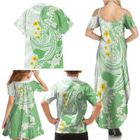 Green Hawaii Shark Tattoo Family Matching Summer Maxi Dress and Hawaiian Shirt Puakenikeni Lei Plumeria Polynesian Pattern