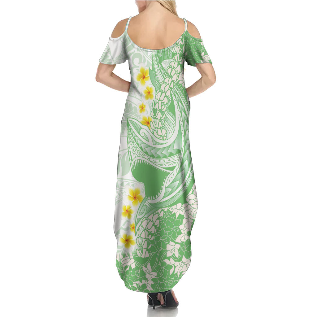 Green Hawaii Shark Tattoo Family Matching Summer Maxi Dress and Hawaiian Shirt Puakenikeni Lei Plumeria Polynesian Pattern