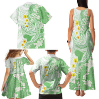 Green Hawaii Shark Tattoo Family Matching Tank Maxi Dress and Hawaiian Shirt Puakenikeni Lei Plumeria Polynesian Pattern
