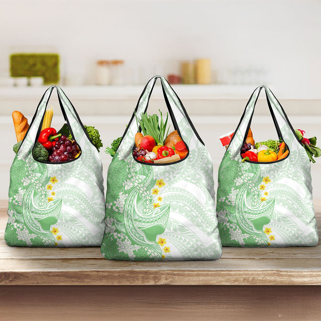 Green Hawaii Shark Tattoo Grocery Bag Puakenikeni Lei Plumeria Polynesian Pattern