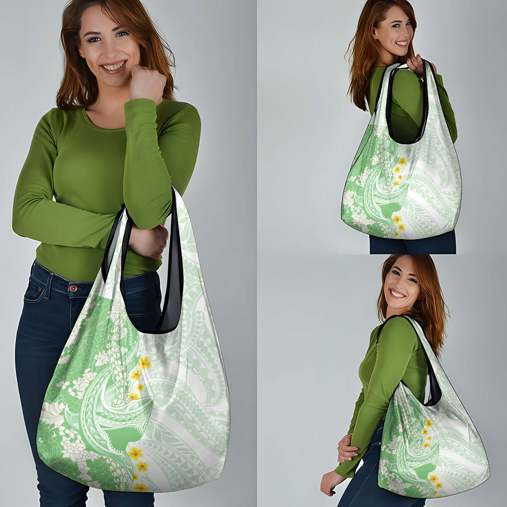 Green Hawaii Shark Tattoo Grocery Bag Puakenikeni Lei Plumeria Polynesian Pattern