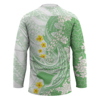 Green Hawaii Shark Tattoo Hockey Jersey Puakenikeni Lei Plumeria Polynesian Pattern