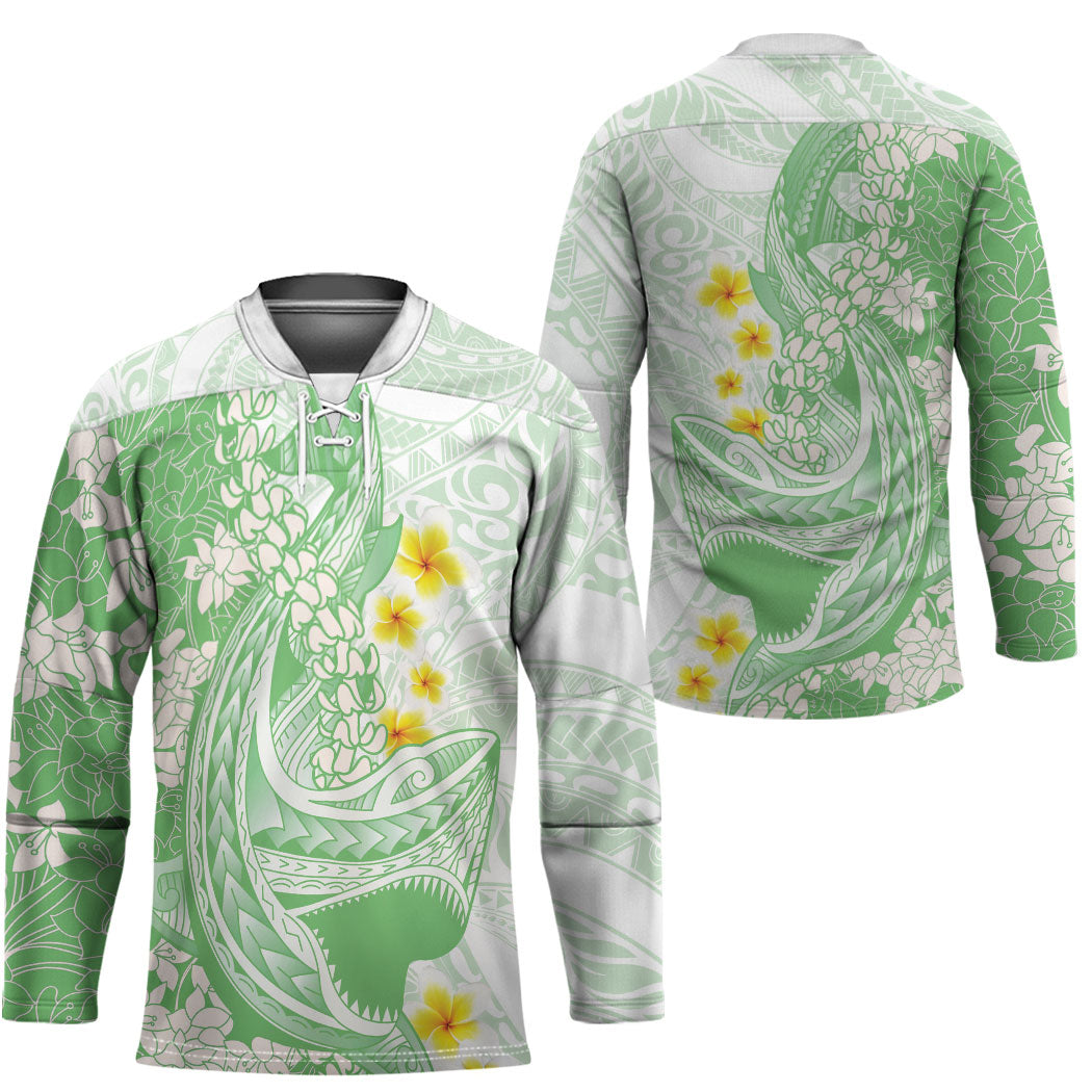 Green Hawaii Shark Tattoo Hockey Jersey Puakenikeni Lei Plumeria Polynesian Pattern
