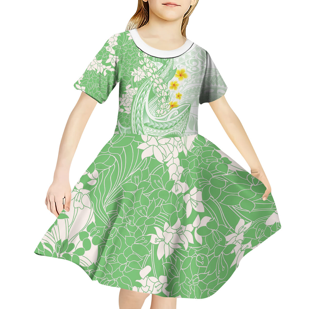 Green Hawaii Shark Tattoo Kid Short Sleeve Dress Puakenikeni Lei Plumeria Polynesian Pattern