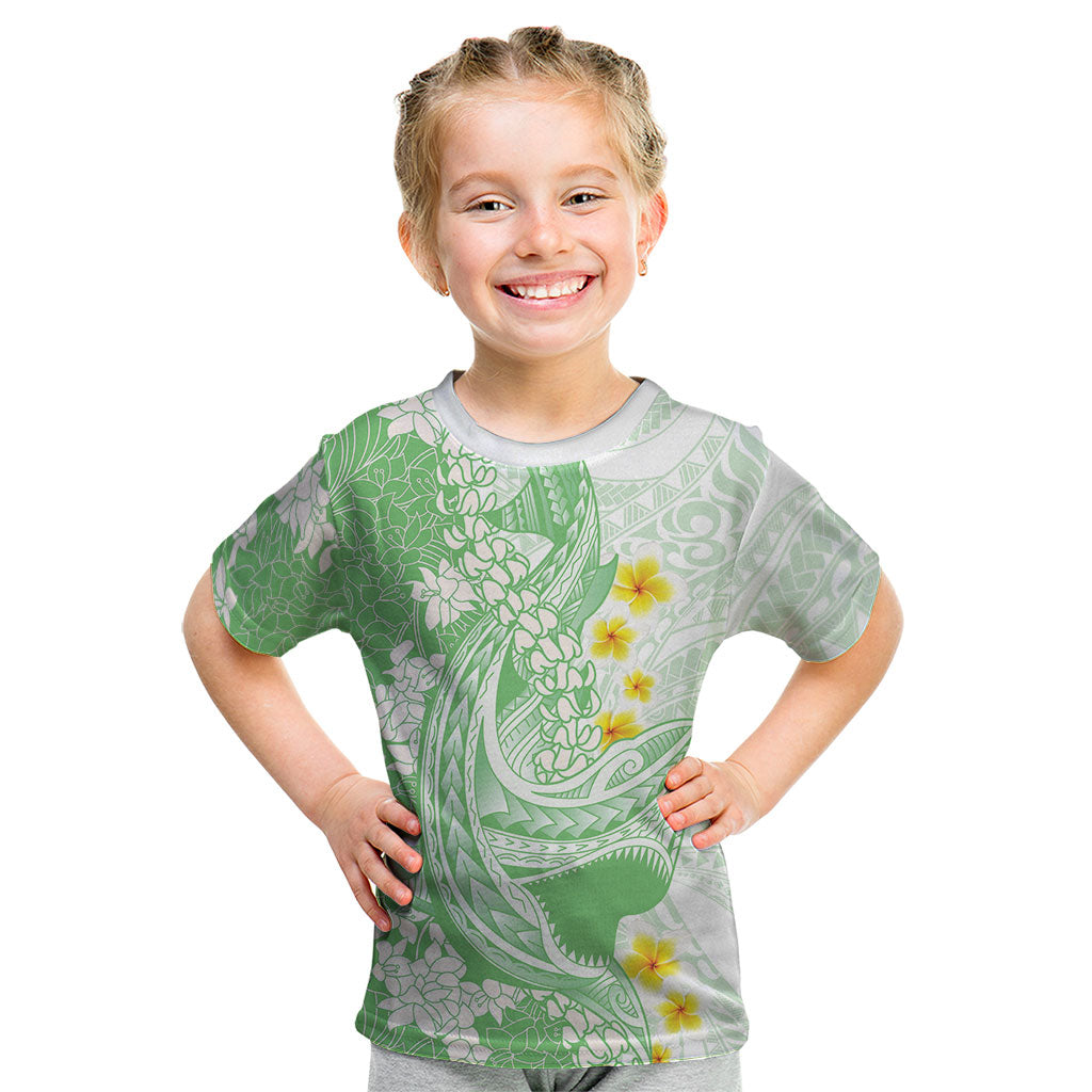 Green Hawaii Shark Tattoo Kid T Shirt Puakenikeni Lei Plumeria Polynesian Pattern
