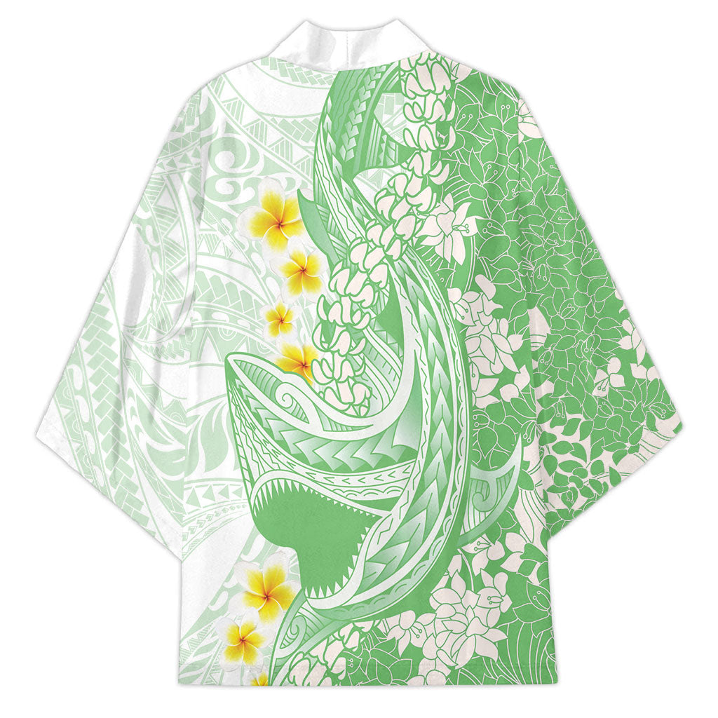 Green Hawaii Shark Tattoo Kimono Puakenikeni Lei Plumeria Polynesian Pattern