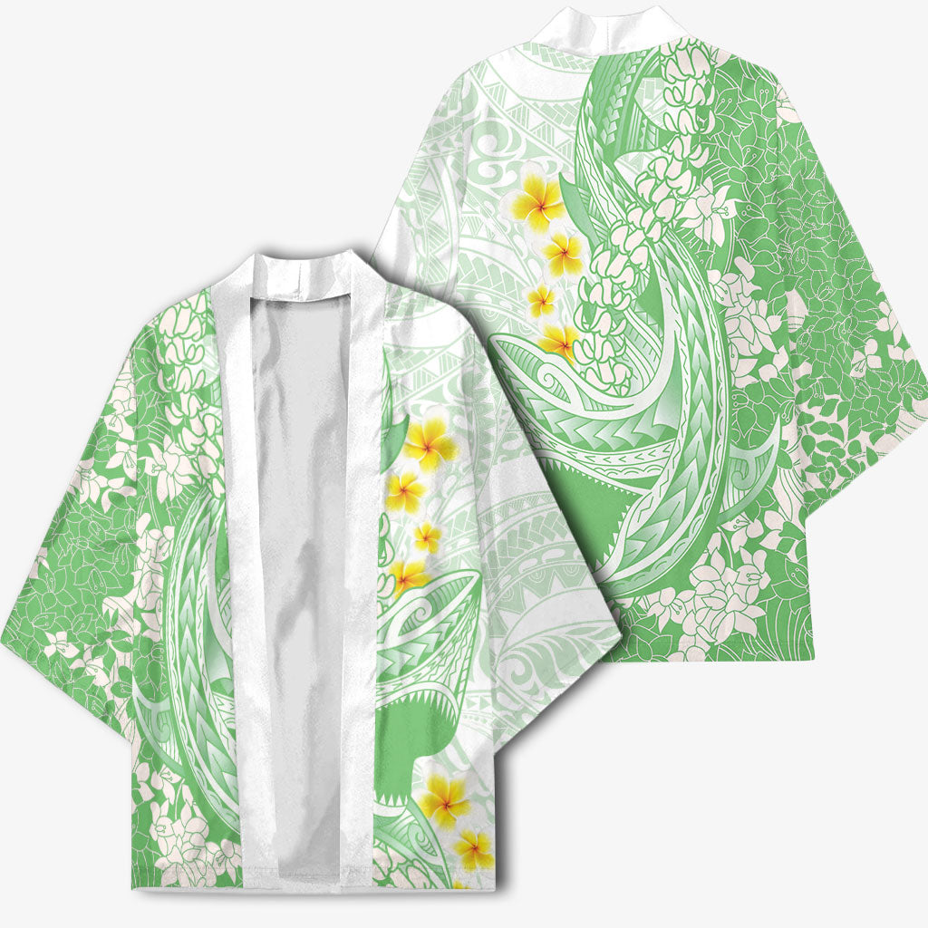 Green Hawaii Shark Tattoo Kimono Puakenikeni Lei Plumeria Polynesian Pattern