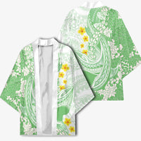 Green Hawaii Shark Tattoo Kimono Puakenikeni Lei Plumeria Polynesian Pattern