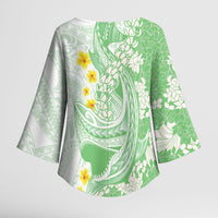 Green Hawaii Shark Tattoo Kimono Sleeve Blouse Puakenikeni Lei Plumeria Polynesian Pattern