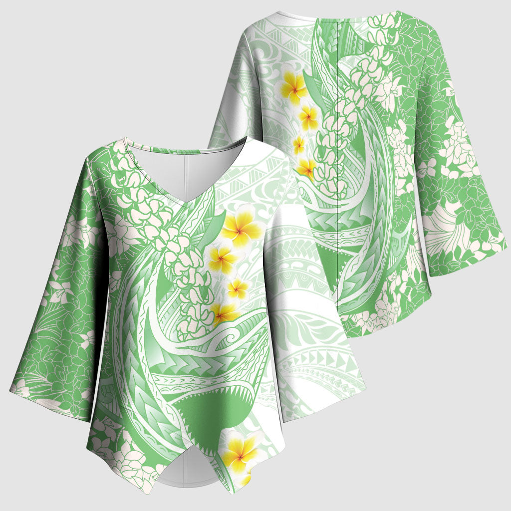 Green Hawaii Shark Tattoo Kimono Sleeve Blouse Puakenikeni Lei Plumeria Polynesian Pattern