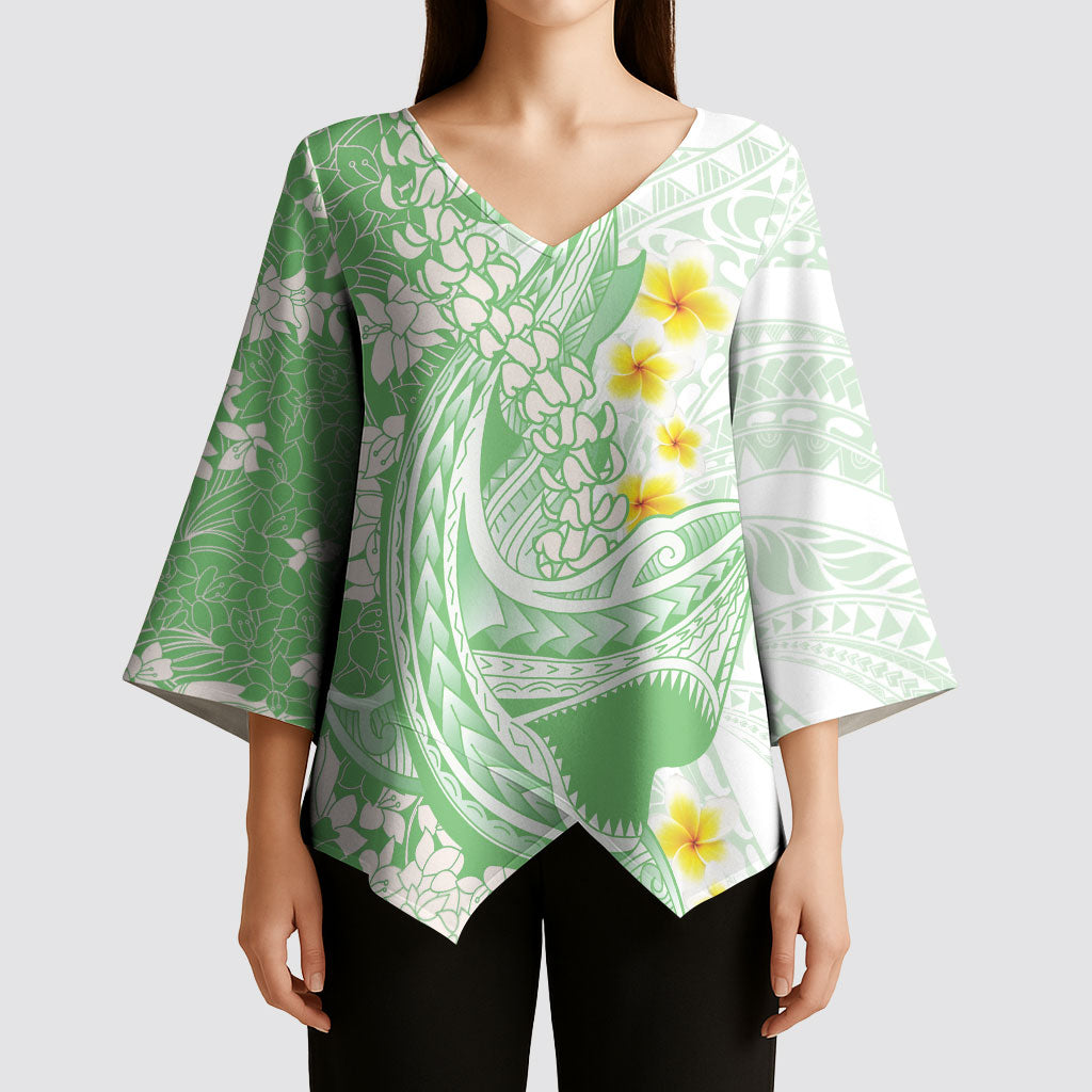 Green Hawaii Shark Tattoo Kimono Sleeve Blouse Puakenikeni Lei Plumeria Polynesian Pattern