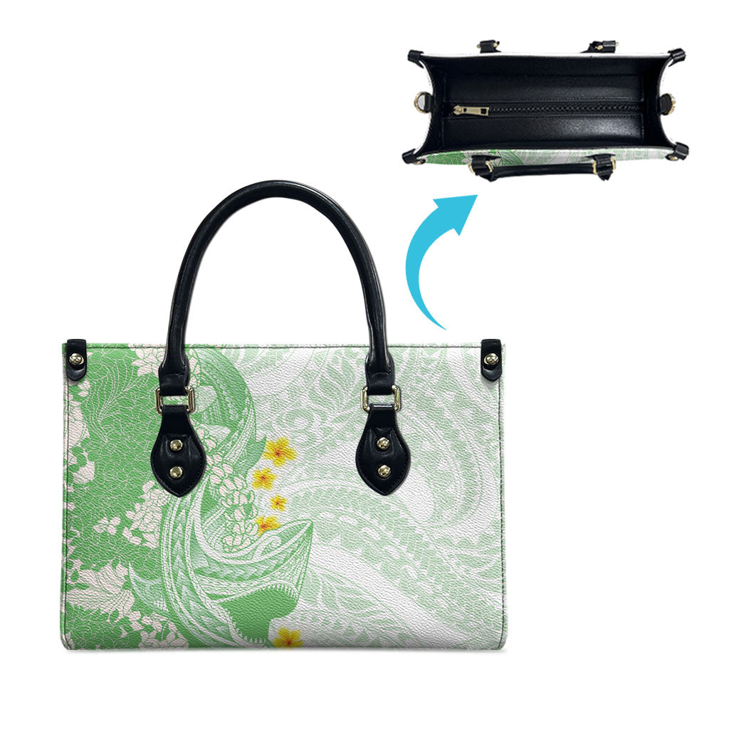 Green Hawaii Shark Tattoo Leather Bag Puakenikeni Lei Plumeria Polynesian Pattern