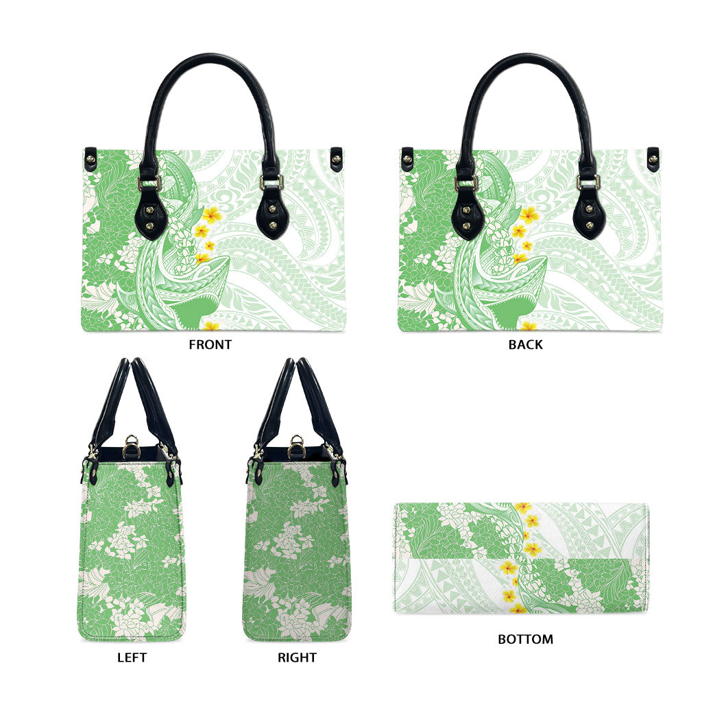 Green Hawaii Shark Tattoo Leather Bag Puakenikeni Lei Plumeria Polynesian Pattern