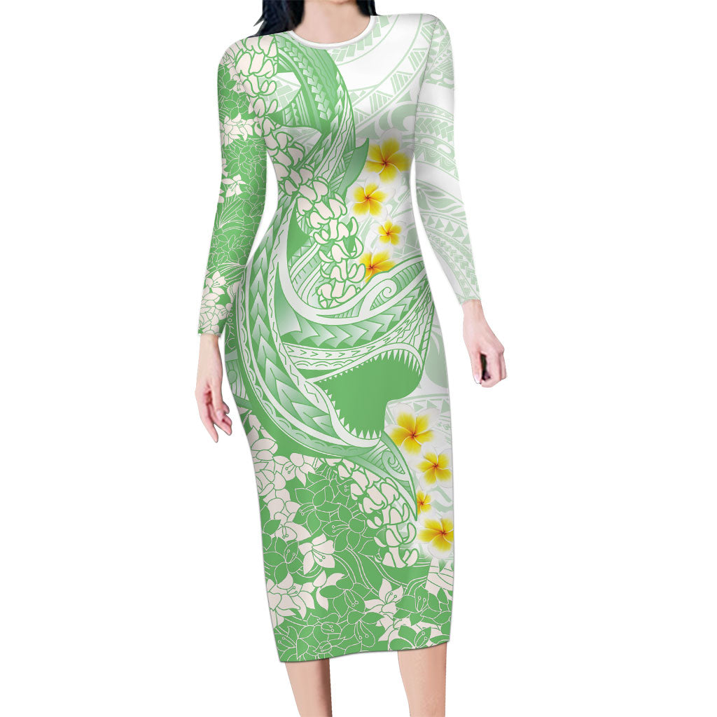 Green Hawaii Shark Tattoo Long Sleeve Bodycon Dress Puakenikeni Lei Plumeria Polynesian Pattern LT14 Long Dress Green - Polynesian Pride