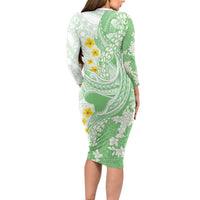 Green Hawaii Shark Tattoo Long Sleeve Bodycon Dress Puakenikeni Lei Plumeria Polynesian Pattern LT14 - Polynesian Pride