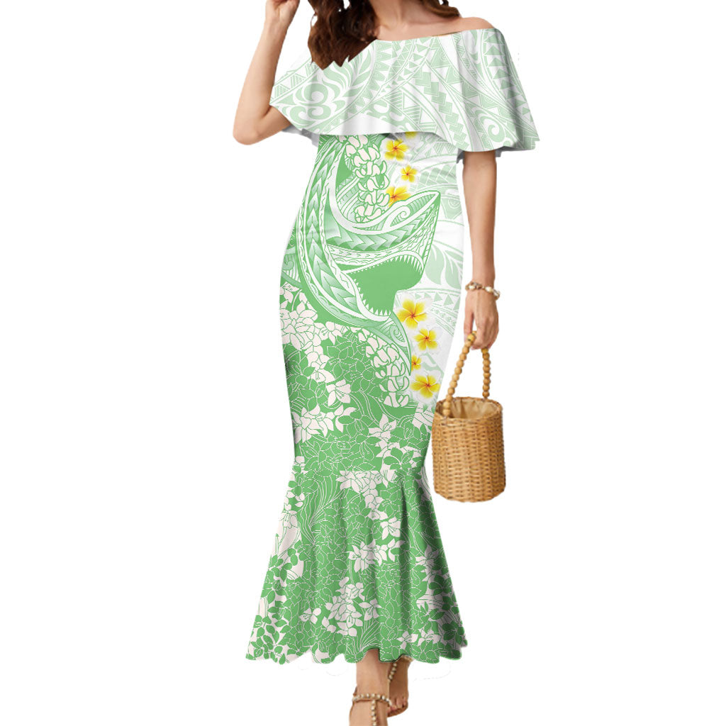 Green Hawaii Shark Tattoo Mermaid Dress Puakenikeni Lei Plumeria Polynesian Pattern LT14 Women Green - Polynesian Pride